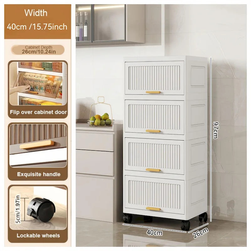 Carrelli da Cucina, Contenitore Pieghevole con Ruote, Armadietto Mobile, Scaffale da Cucina, Contenitore Mobile-Bianco