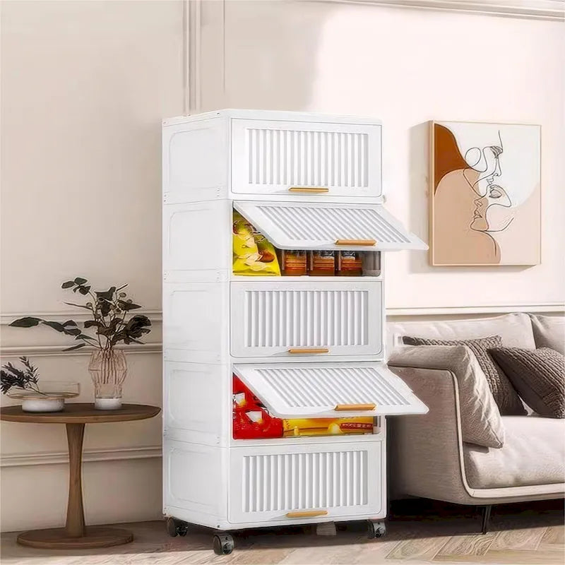 Carrelli da Cucina, Contenitore Pieghevole con Ruote, Armadietto Mobile, Scaffale da Cucina, Contenitore Mobile-Bianco