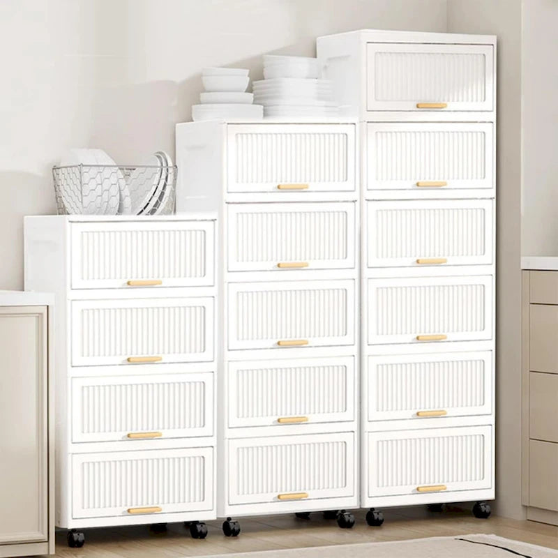 Carrelli da Cucina, Contenitore Pieghevole con Ruote, Armadietto Mobile, Scaffale da Cucina, Contenitore Mobile-Bianco