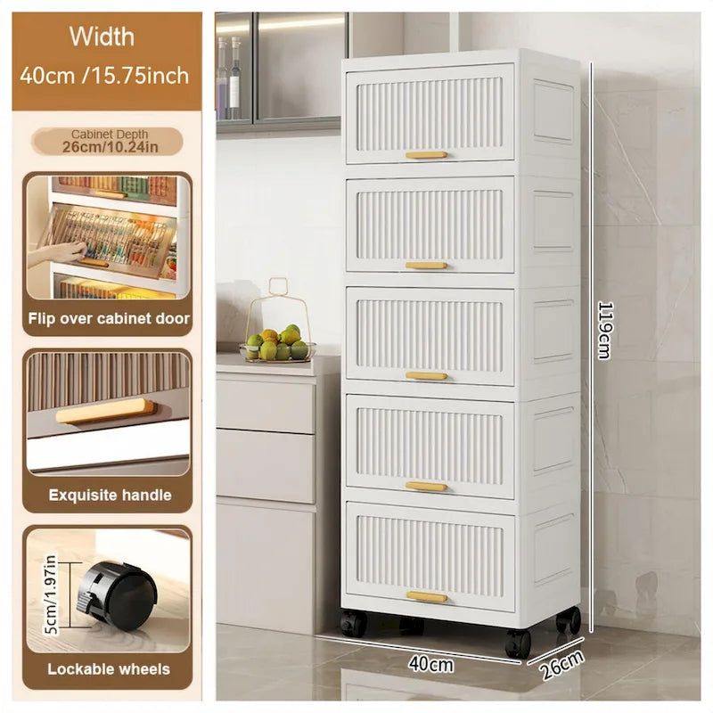 Carrelli da Cucina, Contenitore Pieghevole con Ruote, Armadietto Mobile, Scaffale da Cucina, Contenitore Mobile-Bianco