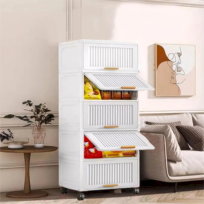 Carrelli da Cucina, Contenitore Pieghevole con Ruote, Armadietto Mobile, Scaffale da Cucina, Contenitore Mobile-Bianco