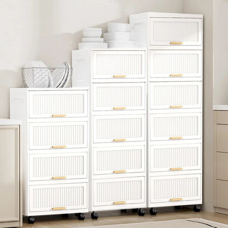 Carrelli da Cucina, Contenitore Pieghevole con Ruote, Armadietto Mobile, Scaffale da Cucina, Contenitore Mobile-Bianco