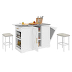 Isola da Cucina con Ruote, Mobiletto Contenitore per Pattumiera e 2 Sgabelli da Bar