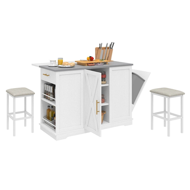 Isola da Cucina con Ruote, Mobiletto Contenitore per Pattumiera e 2 Sgabelli da Bar
