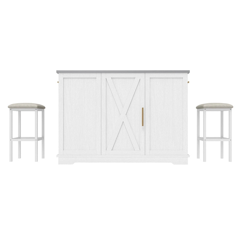 Isola da Cucina con Ruote, Mobiletto Contenitore per Pattumiera e 2 Sgabelli da Bar