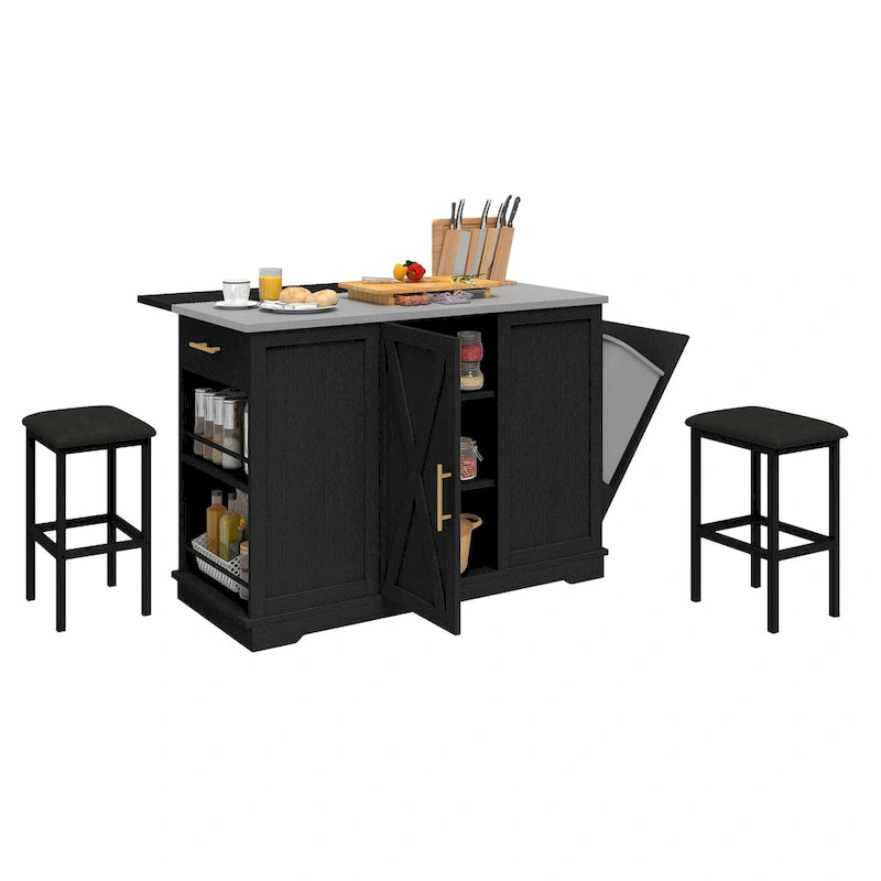 Isola da Cucina con Ruote, Mobiletto Contenitore per Pattumiera e 2 Sgabelli da Bar