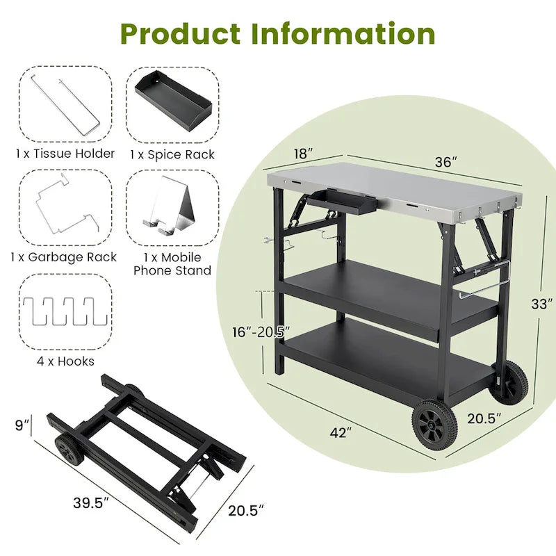 Tavolo Carrello Grill Mobile a 3 Ripiani Multifunzionale per Casa e Esterni