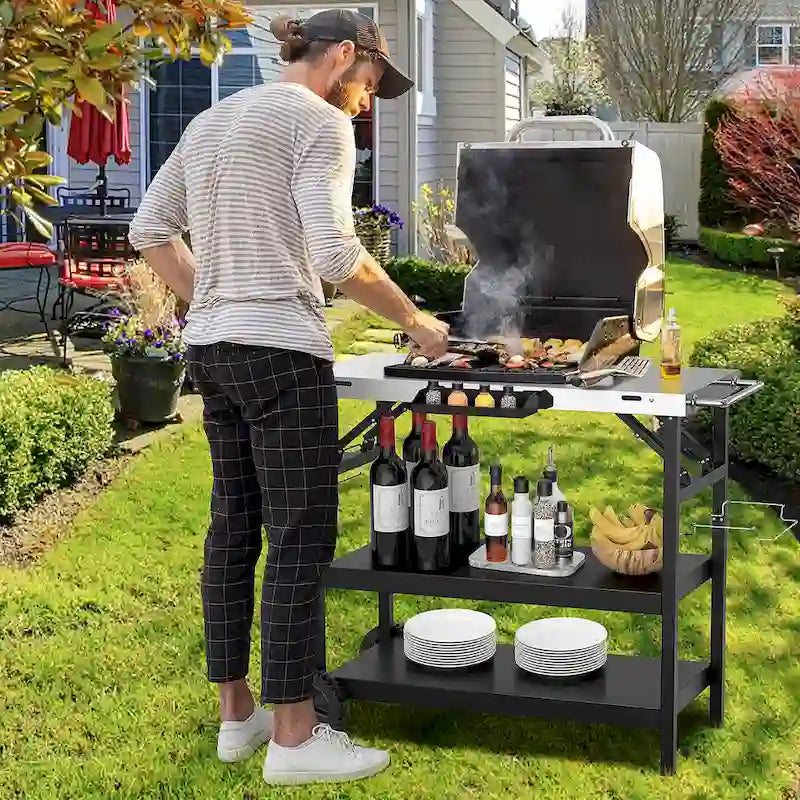 Tavolo Carrello Grill Mobile a 3 Ripiani Multifunzionale per Casa e Esterni