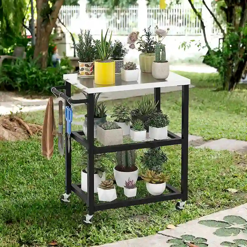 Carrello da esterno a 3 ripiani per grill su ruote con piano in acciaio inossidabile &