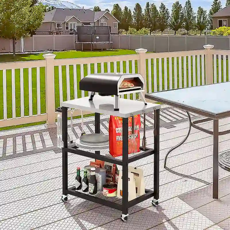 Carrello da esterno a 3 ripiani per grill su ruote con piano in acciaio inossidabile &
