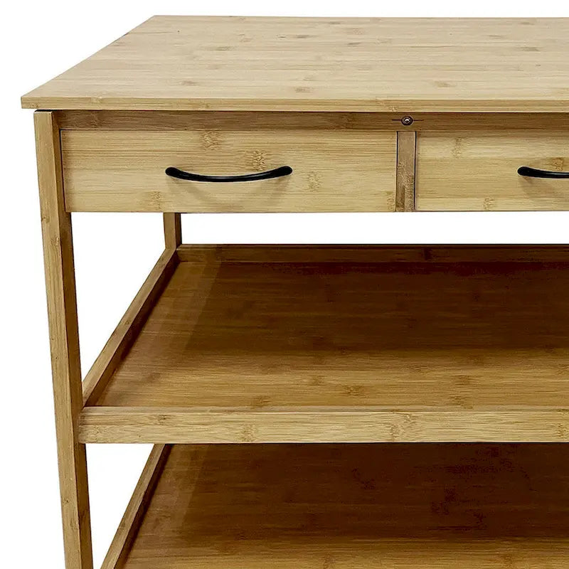 Carrello da Bar Cucina, 2 Cassetti, 2 Ripiani, Bambù Marrone, Ruote Girevoli