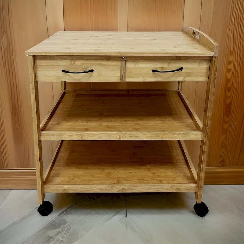 Carrello da Bar Cucina, 2 Cassetti, 2 Ripiani, Bambù Marrone, Ruote Girevoli