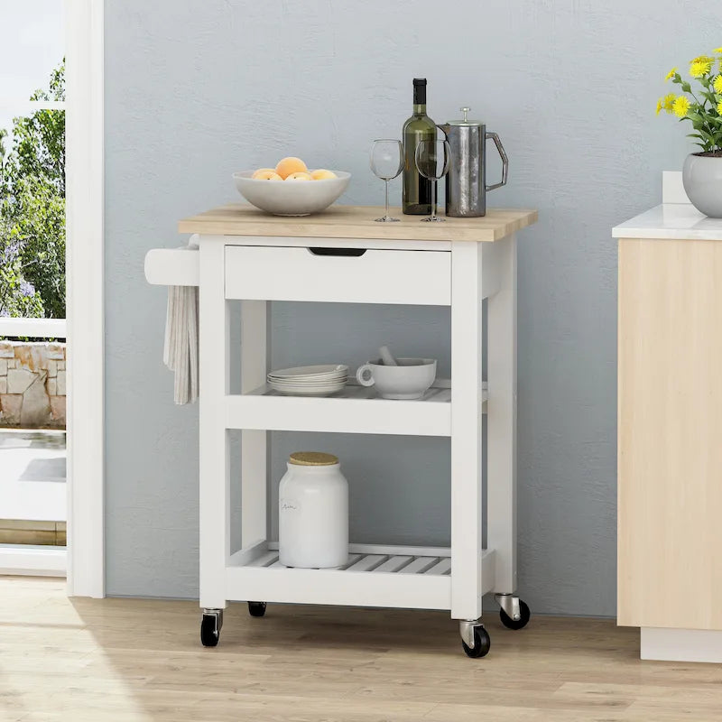 Carrello da Cucina Multifunzionale Contemporaneo con Piano in Legno di Gomma, Ripiani a Doghe Aperte, Rotelle Girevoli, Cassetto e Porta-Asciugamani