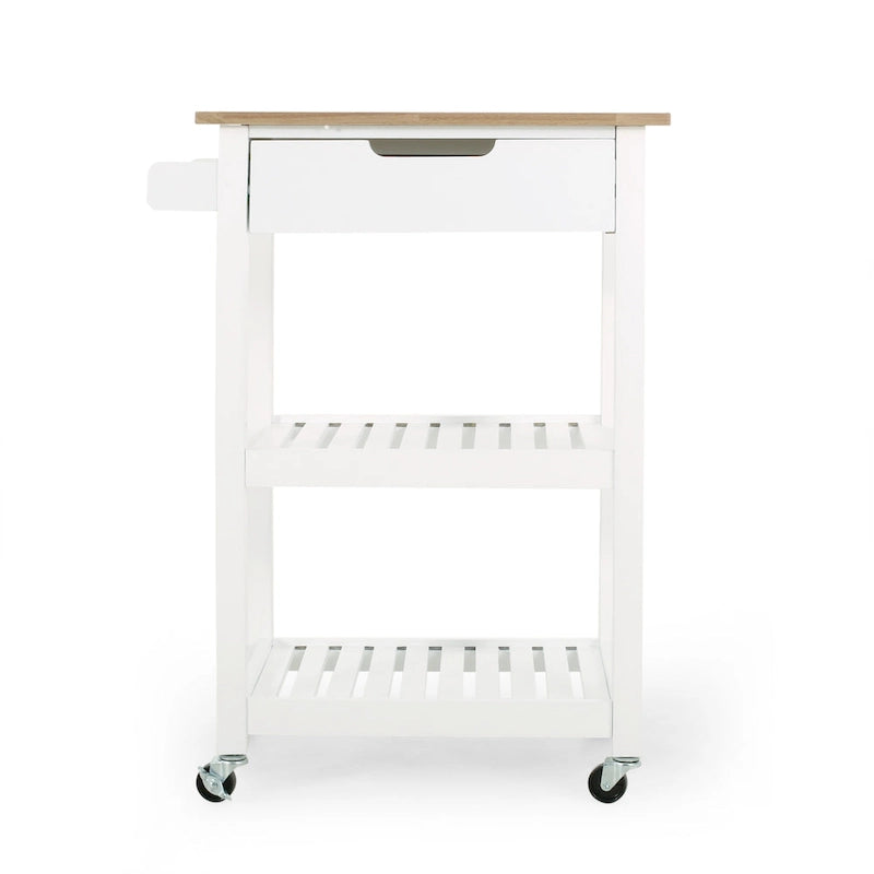 Carrello da Cucina Multifunzionale Contemporaneo con Piano in Legno di Gomma, Ripiani a Doghe Aperte, Rotelle Girevoli, Cassetto e Porta-Asciugamani