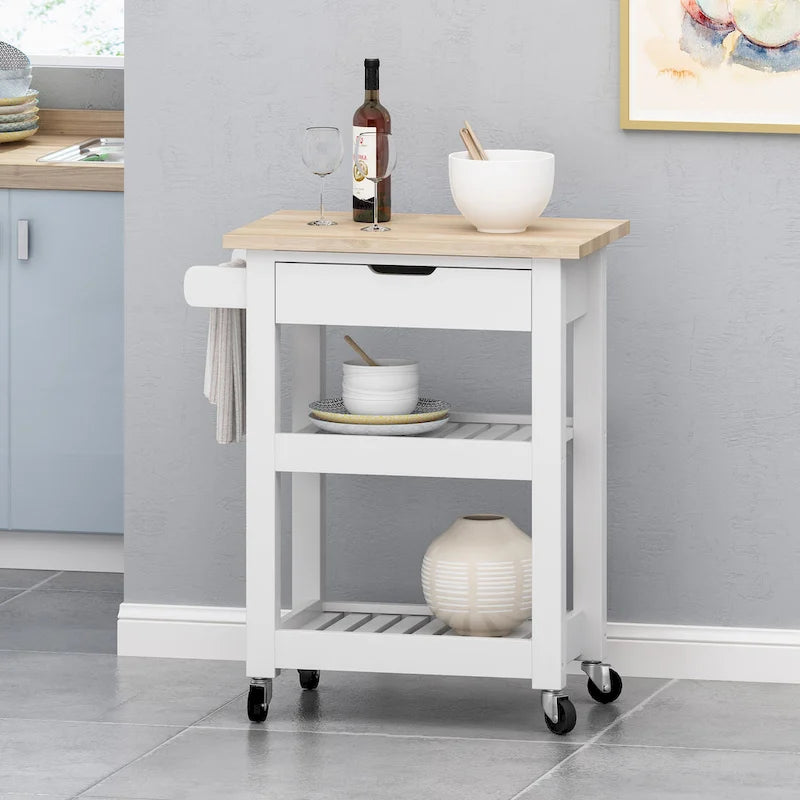 Carrello da Cucina Multifunzionale Contemporaneo con Piano in Legno di Gomma, Ripiani a Doghe Aperte, Rotelle Girevoli, Cassetto e Porta-Asciugamani
