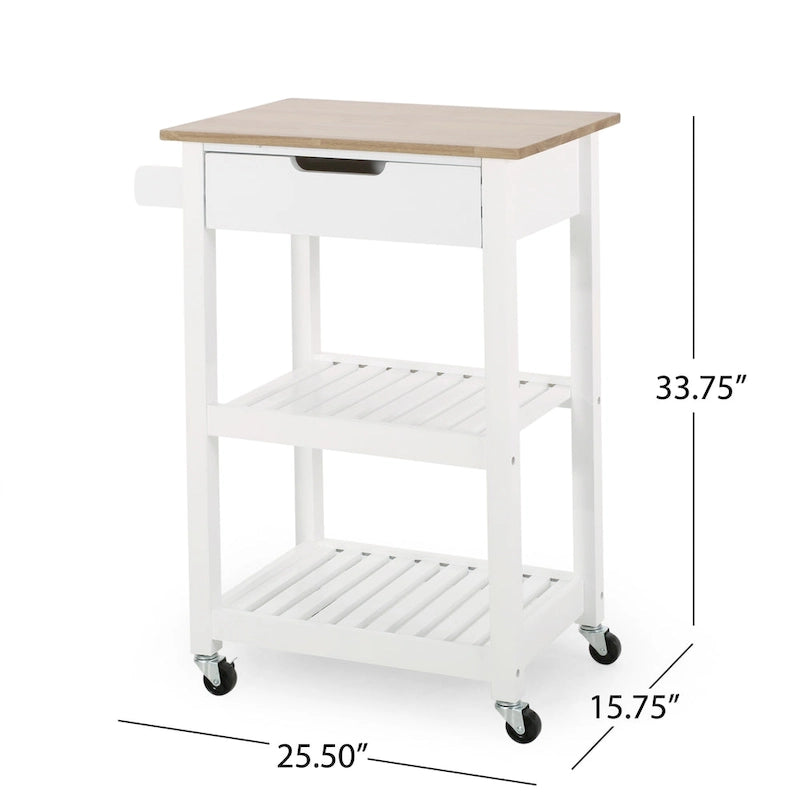 Carrello da Cucina Multifunzionale Contemporaneo con Piano in Legno di Gomma, Ripiani a Doghe Aperte, Rotelle Girevoli, Cassetto e Porta-Asciugamani