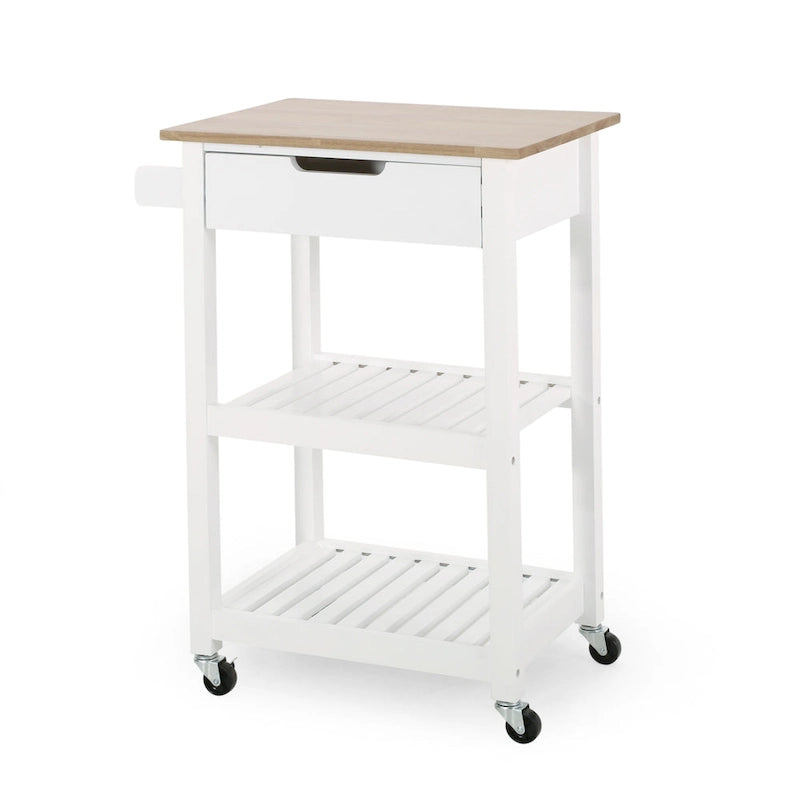 Carrello da Cucina Multifunzionale Contemporaneo con Piano in Legno di Gomma, Ripiani a Doghe Aperte, Rotelle Girevoli, Cassetto e Porta-Asciugamani