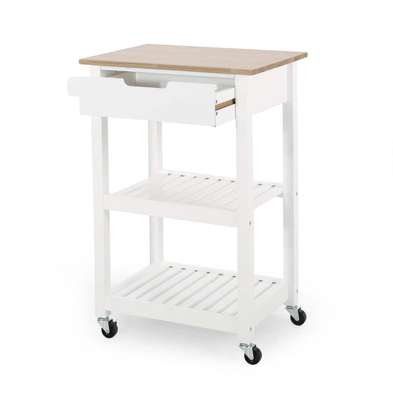 Carrello da Cucina Multifunzionale Contemporaneo con Piano in Legno di Gomma, Ripiani a Doghe Aperte, Rotelle Girevoli, Cassetto e Porta-Asciugamani