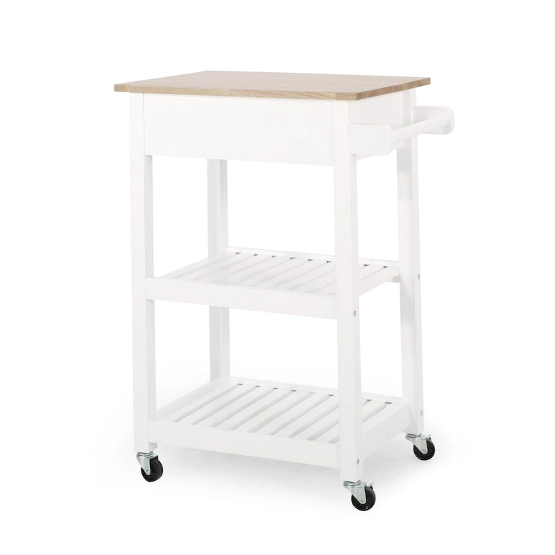 Carrello da Cucina Multifunzionale Contemporaneo con Piano in Legno di Gomma, Ripiani a Doghe Aperte, Rotelle Girevoli, Cassetto e Porta-Asciugamani