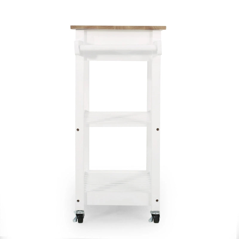 Carrello da Cucina Multifunzionale Contemporaneo con Piano in Legno di Gomma, Ripiani a Doghe Aperte, Rotelle Girevoli, Cassetto e Porta-Asciugamani