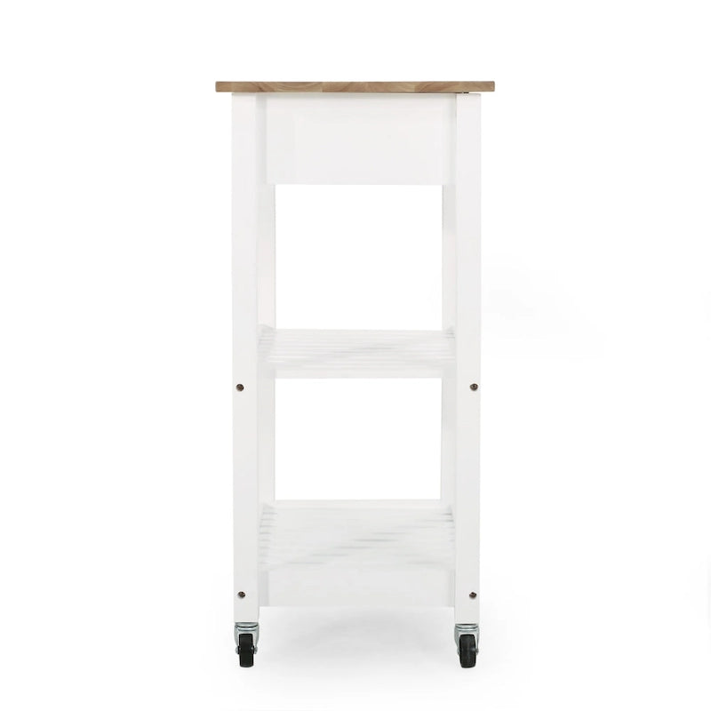 Carrello da Cucina Multifunzionale Contemporaneo con Piano in Legno di Gomma, Ripiani a Doghe Aperte, Rotelle Girevoli, Cassetto e Porta-Asciugamani