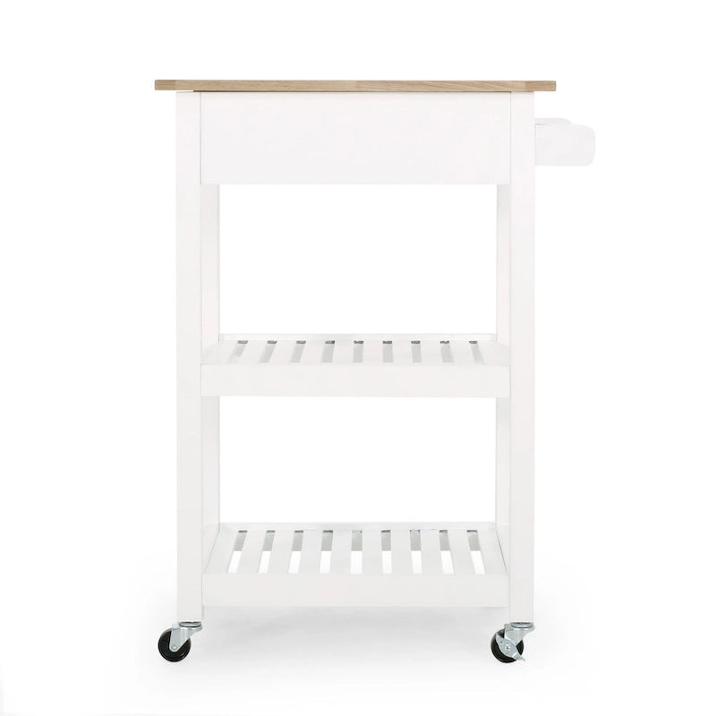 Carrello da Cucina Multifunzionale Contemporaneo con Piano in Legno di Gomma, Ripiani a Doghe Aperte, Rotelle Girevoli, Cassetto e Porta-Asciugamani