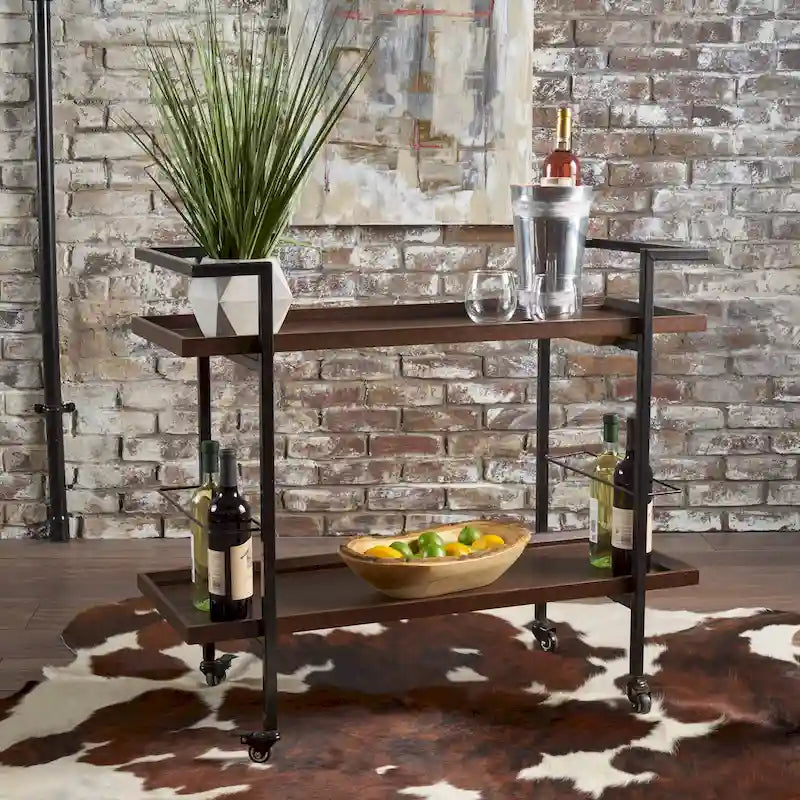 Carrello Bar con Ripiani Effetto Legno, Maniglia e Ruote Bloccabili - Carrello di Servizio Mobile Stile Industriale con Porta Bottiglie