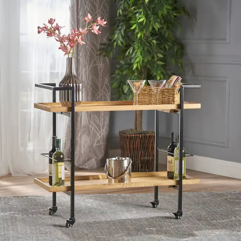 Carrello Bar con Ripiani Effetto Legno, Maniglia e Ruote Bloccabili - Carrello di Servizio Mobile Stile Industriale con Porta Bottiglie