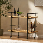 Carrello Bar con Ripiani Effetto Legno, Maniglia e Ruote Bloccabili - Carrello di Servizio Mobile Stile Industriale con Porta Bottiglie