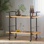 Carrello Bar con Ripiani Effetto Legno, Maniglia e Ruote Bloccabili - Carrello di Servizio Mobile Stile Industriale con Porta Bottiglie