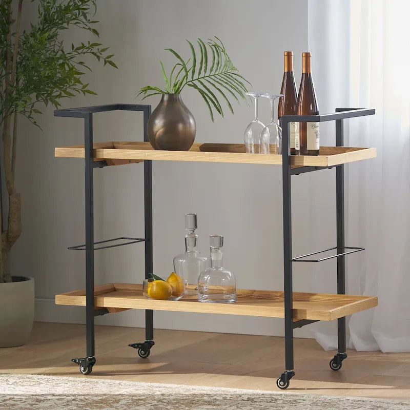 Carrello Bar con Ripiani Effetto Legno, Maniglia e Ruote Bloccabili - Carrello di Servizio Mobile Stile Industriale con Porta Bottiglie