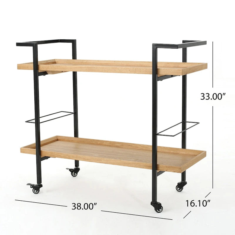 Carrello Bar con Ripiani Effetto Legno, Maniglia e Ruote Bloccabili - Carrello di Servizio Mobile Stile Industriale con Porta Bottiglie