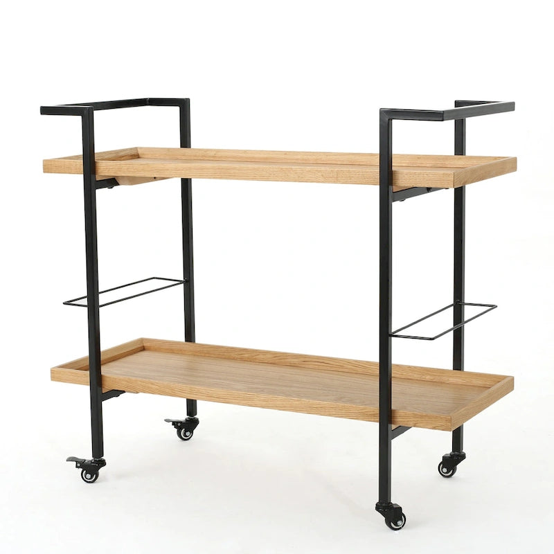 Carrello Bar con Ripiani Effetto Legno, Maniglia e Ruote Bloccabili - Carrello di Servizio Mobile Stile Industriale con Porta Bottiglie