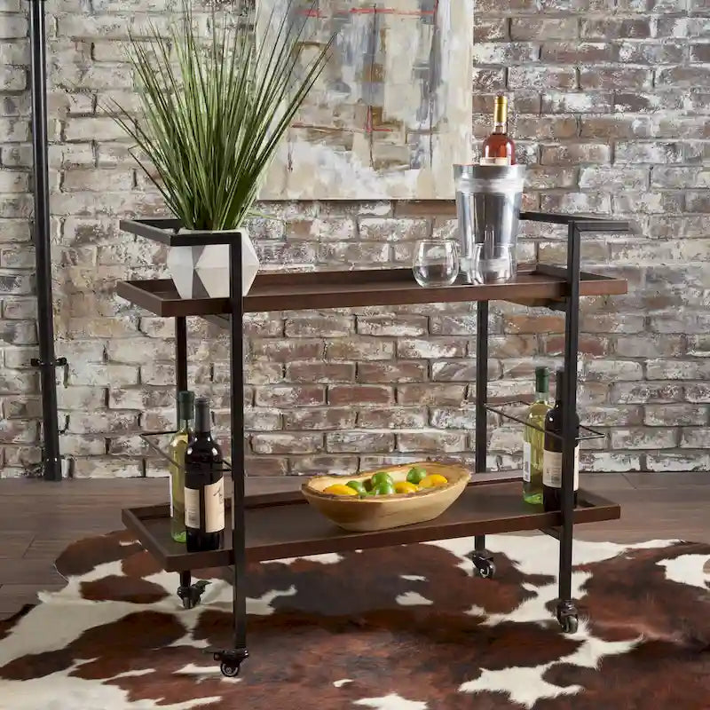 Carrello Bar con Ripiani Effetto Legno, Maniglia e Ruote Bloccabili - Carrello di Servizio Mobile Stile Industriale con Porta Bottiglie