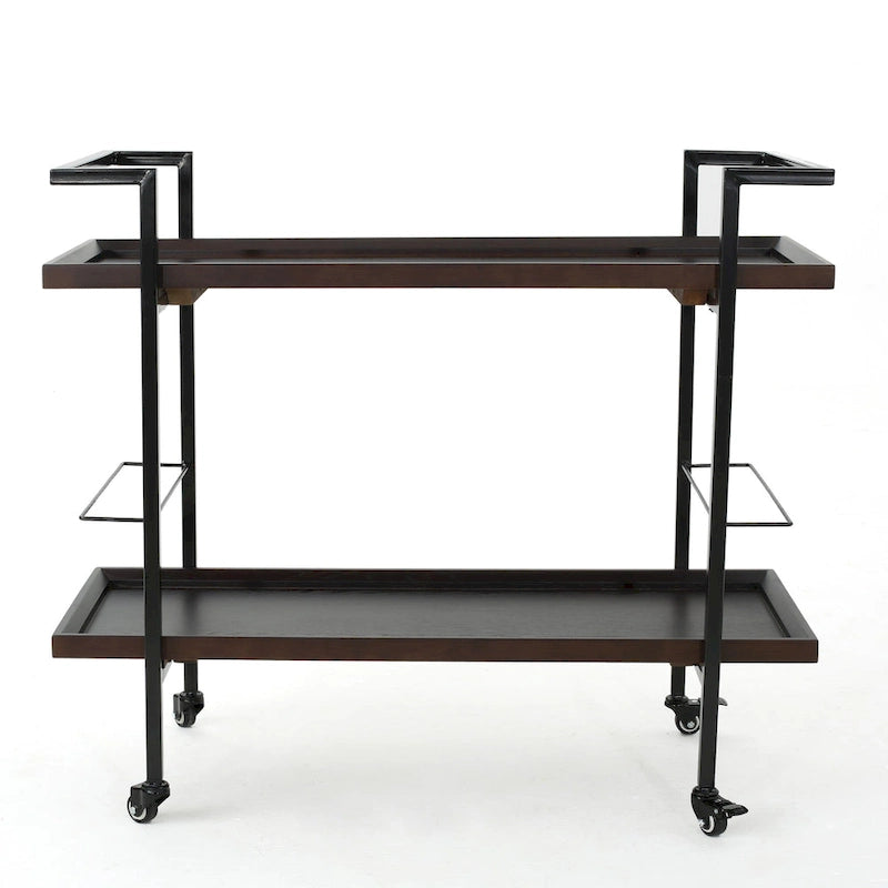 Carrello Bar con Ripiani Effetto Legno, Maniglia e Ruote Bloccabili - Carrello di Servizio Mobile Stile Industriale con Porta Bottiglie