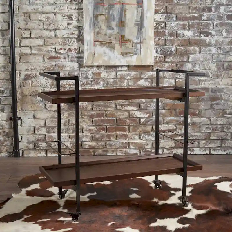 Carrello Bar con Ripiani Effetto Legno, Maniglia e Ruote Bloccabili - Carrello di Servizio Mobile Stile Industriale con Porta Bottiglie