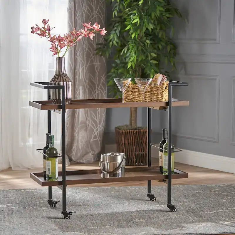 Carrello Bar con Ripiani Effetto Legno, Maniglia e Ruote Bloccabili - Carrello di Servizio Mobile Stile Industriale con Porta Bottiglie