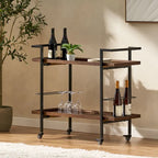 Carrello Bar con Ripiani Effetto Legno, Maniglia e Ruote Bloccabili - Carrello di Servizio Mobile Stile Industriale con Porta Bottiglie