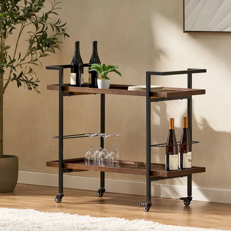 Carrello Bar con Ripiani Effetto Legno, Maniglia e Ruote Bloccabili - Carrello di Servizio Mobile Stile Industriale con Porta Bottiglie