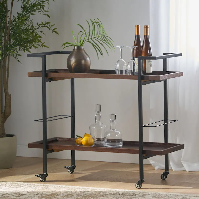 Carrello Bar con Ripiani Effetto Legno, Maniglia e Ruote Bloccabili - Carrello di Servizio Mobile Stile Industriale con Porta Bottiglie