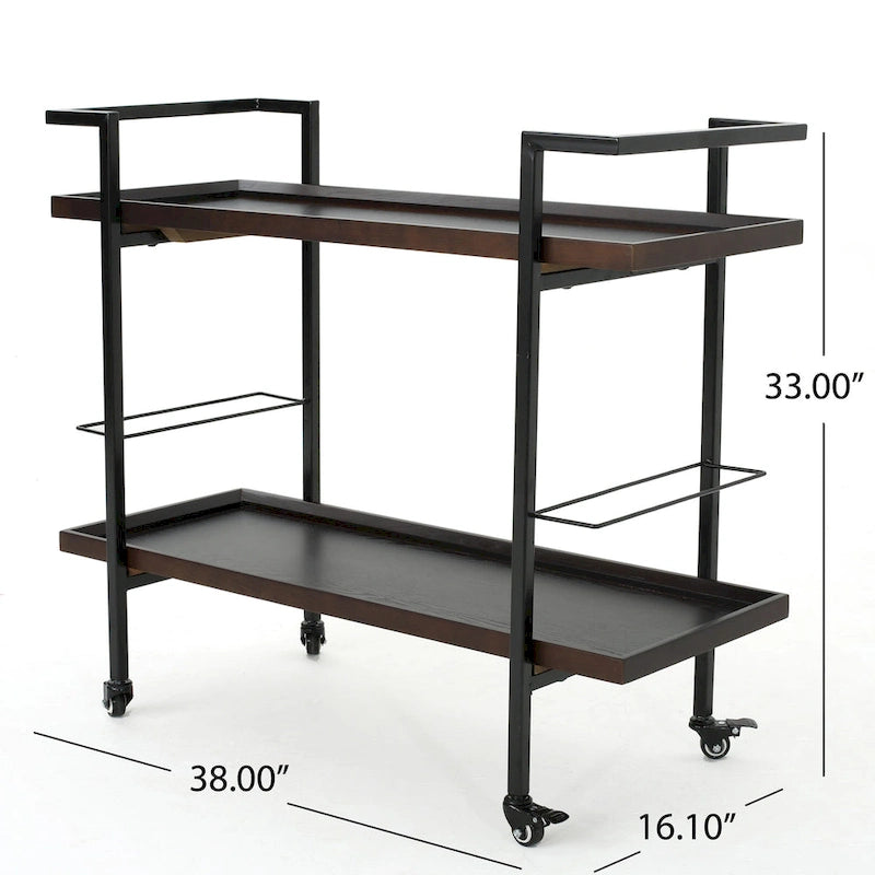 Carrello Bar con Ripiani Effetto Legno, Maniglia e Ruote Bloccabili - Carrello di Servizio Mobile Stile Industriale con Porta Bottiglie