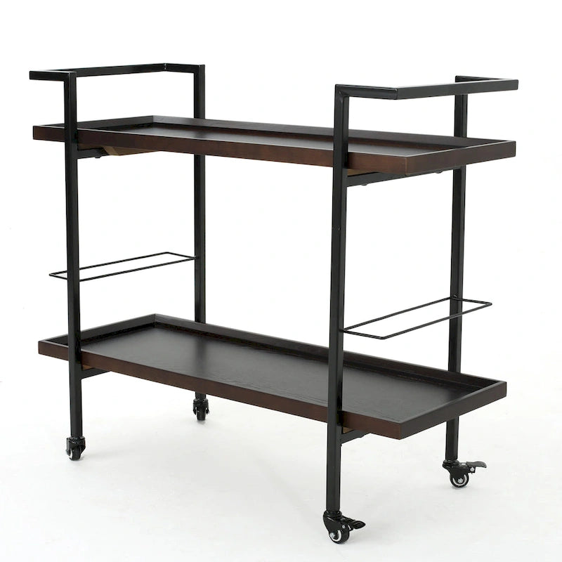 Carrello Bar con Ripiani Effetto Legno, Maniglia e Ruote Bloccabili - Carrello di Servizio Mobile Stile Industriale con Porta Bottiglie