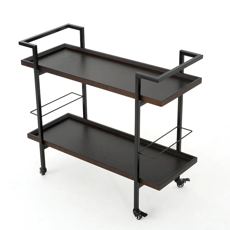 Carrello Bar con Ripiani Effetto Legno, Maniglia e Ruote Bloccabili - Carrello di Servizio Mobile Stile Industriale con Porta Bottiglie