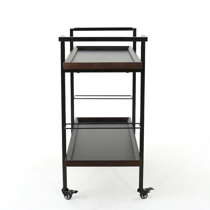 Carrello Bar con Ripiani Effetto Legno, Maniglia e Ruote Bloccabili - Carrello di Servizio Mobile Stile Industriale con Porta Bottiglie