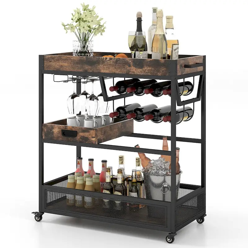 Carrello Bar con Ruote a 3 Livelli, Carrello da Servizio Industriale con Buffet