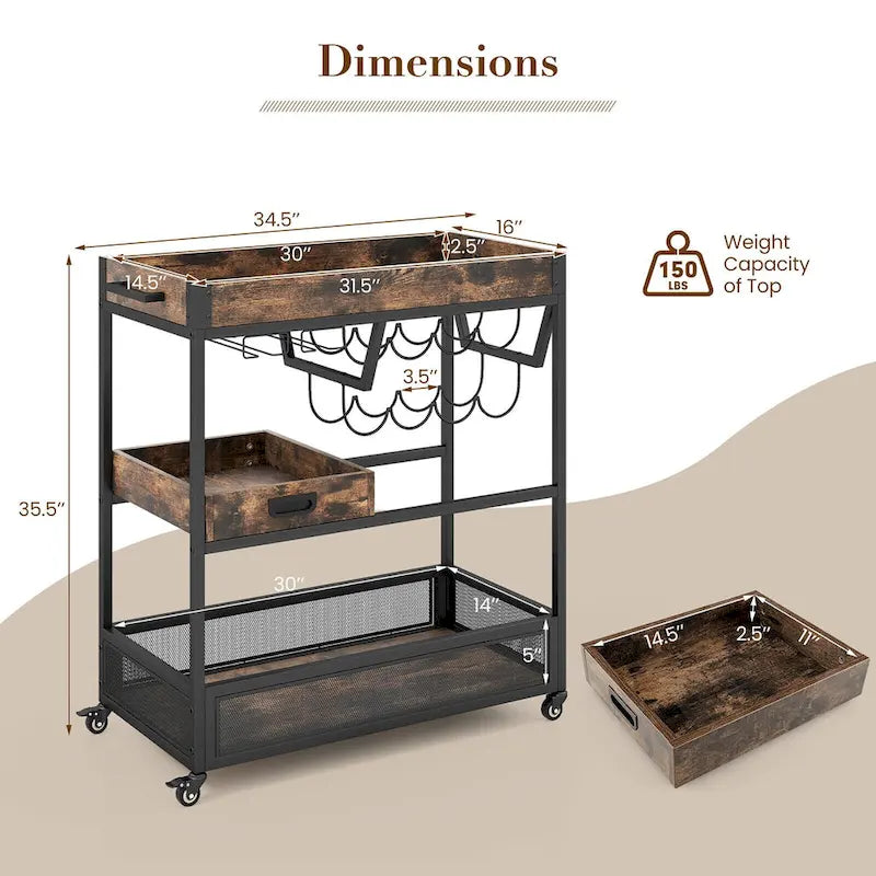 Carrello Bar con Ruote a 3 Livelli, Carrello da Servizio Industriale con Buffet