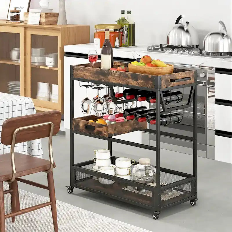 Carrello Bar con Ruote a 3 Livelli, Carrello da Servizio Industriale con Buffet
