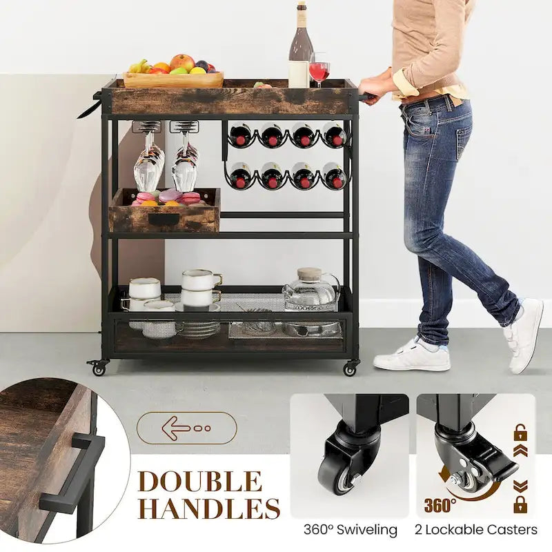 Carrello Bar con Ruote a 3 Livelli, Carrello da Servizio Industriale con Buffet