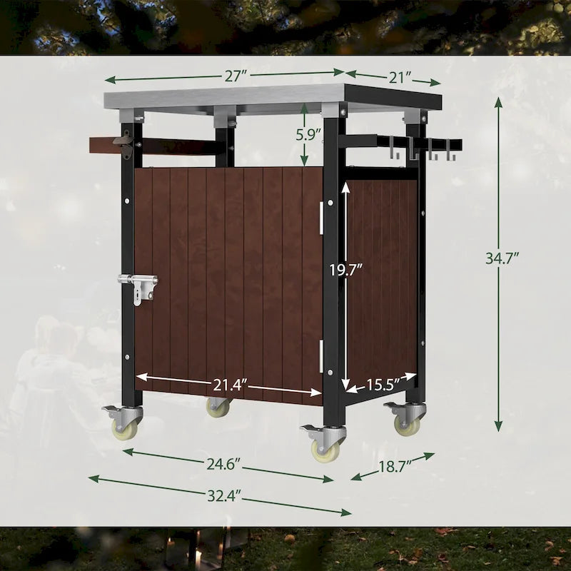 Carrello per Barbecue da Esterno con Piano in Acciaio Inox (sgabello non incluso)