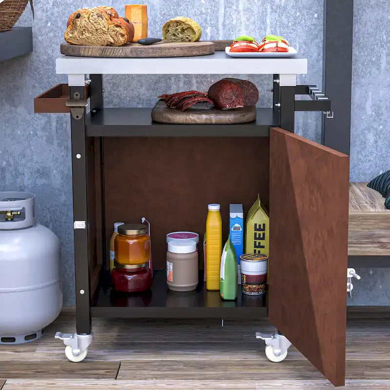 Carrello per Barbecue da Esterno con Piano in Acciaio Inox (sgabello non incluso)